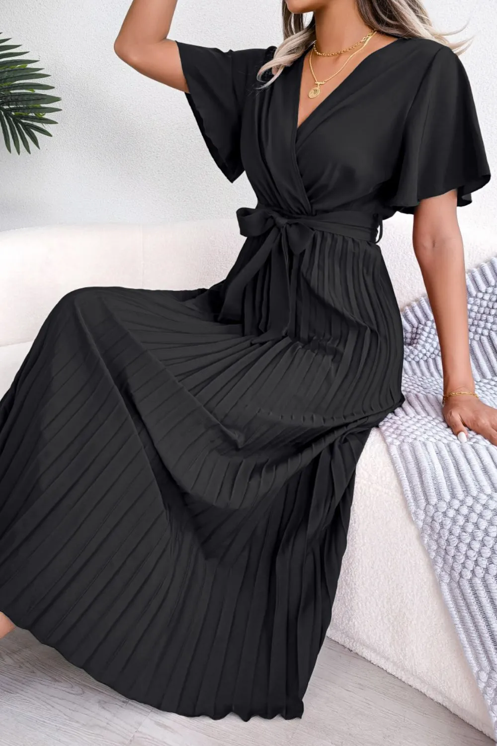Pleated Flutter Sleeve Belted Dress, image 9