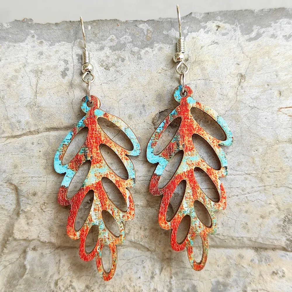 Leaf Shape Wooden Dangle Earrings, image 2