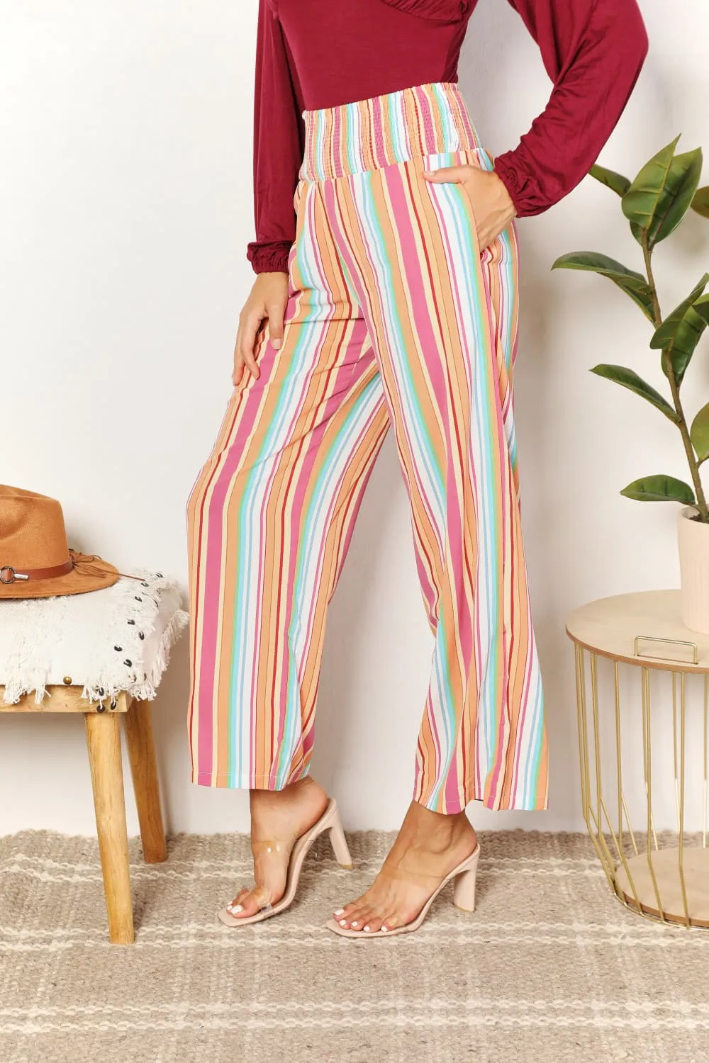 Striped Smocked Waist Pants with Pockets, image 2