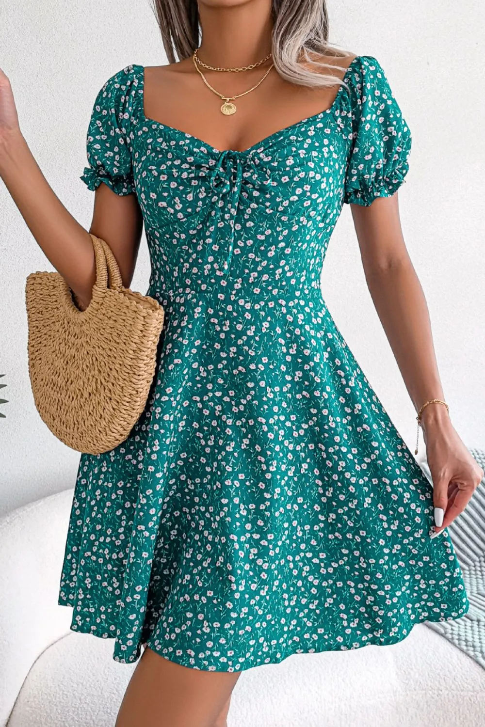 Ditsy Floral Drawstring A-Line Dress, image 6