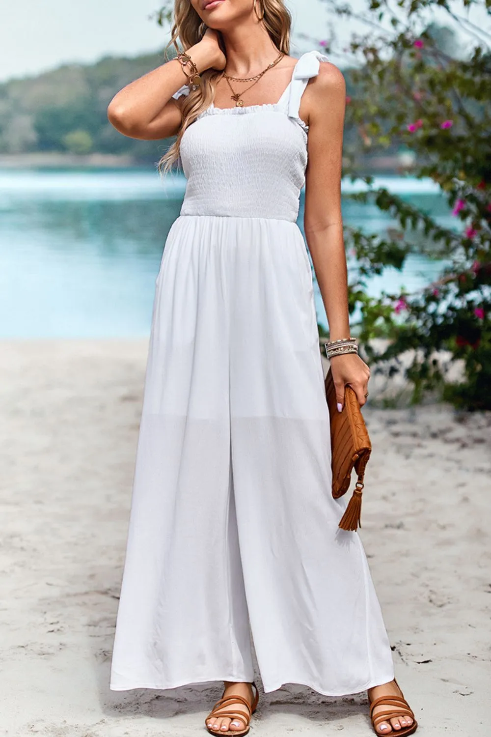 Frill Trim Tie Shoulder Wide Leg Jumpsuit with Pockets, image 5