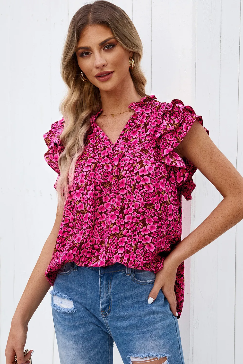 Floral Flutter Sleeve Notched Neck Blouse, image 6