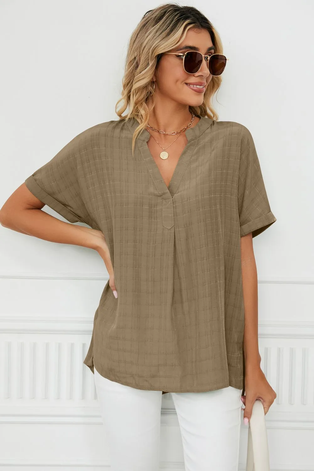 Side Slit Notched Neck Cuffed Short Sleeve Blouse, image 8