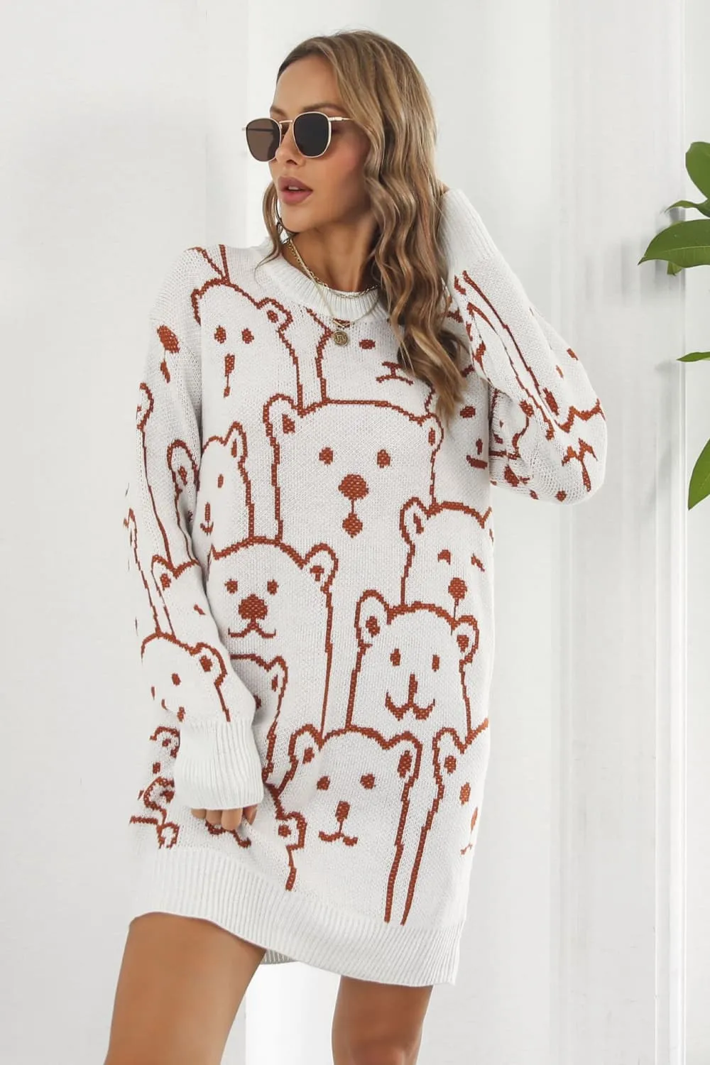Bear Pattern Round Neck Sweater Dress, image 5