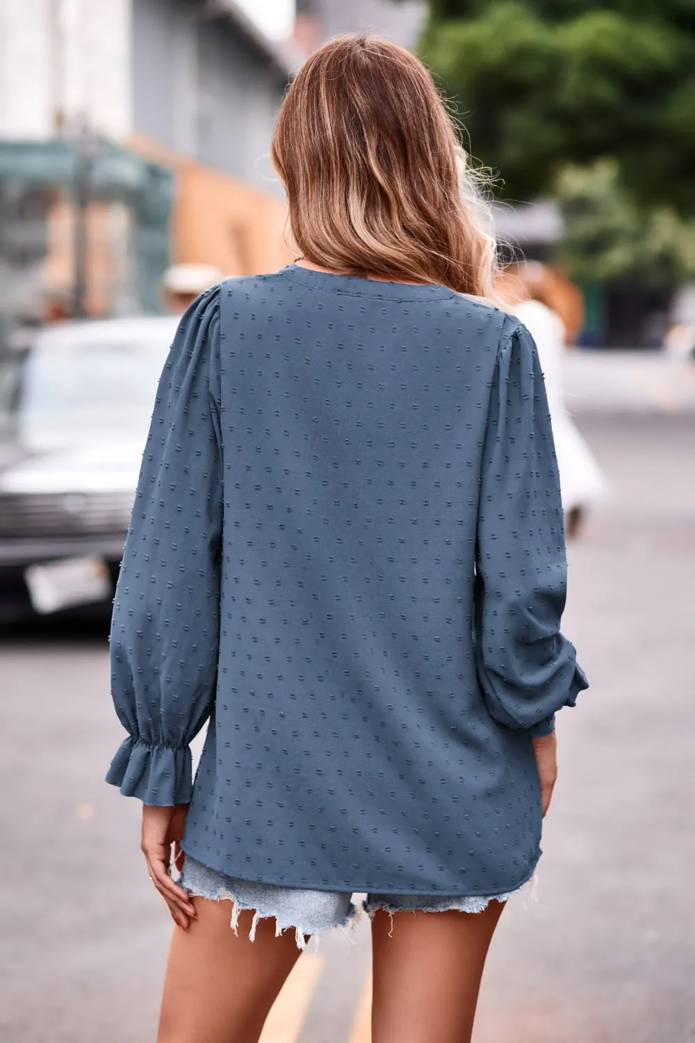 Swiss Dot Notched Neck Flounce Sleeve Blouse, image 3