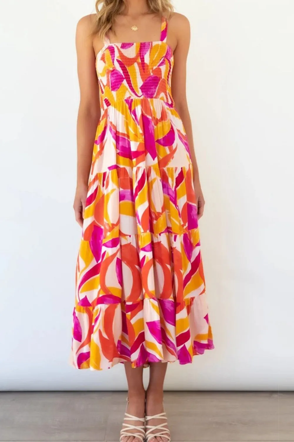 Printed Smocked Square Neck Tiered Sleeveless Dress, image 2