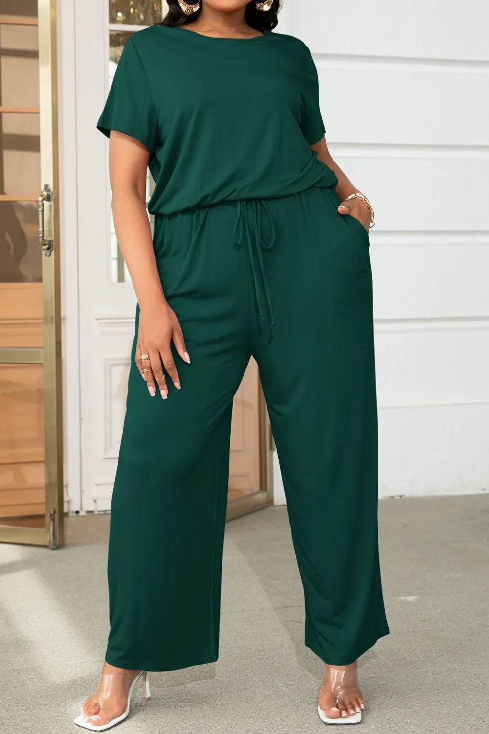 Plus Size Drawstring Waist Short Sleeve Jumpsuit, image 3