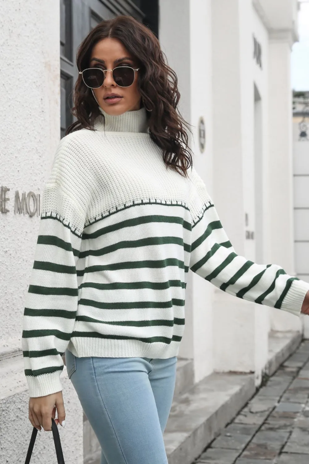 Striped Turtleneck Drop Shoulder Sweater, image 4