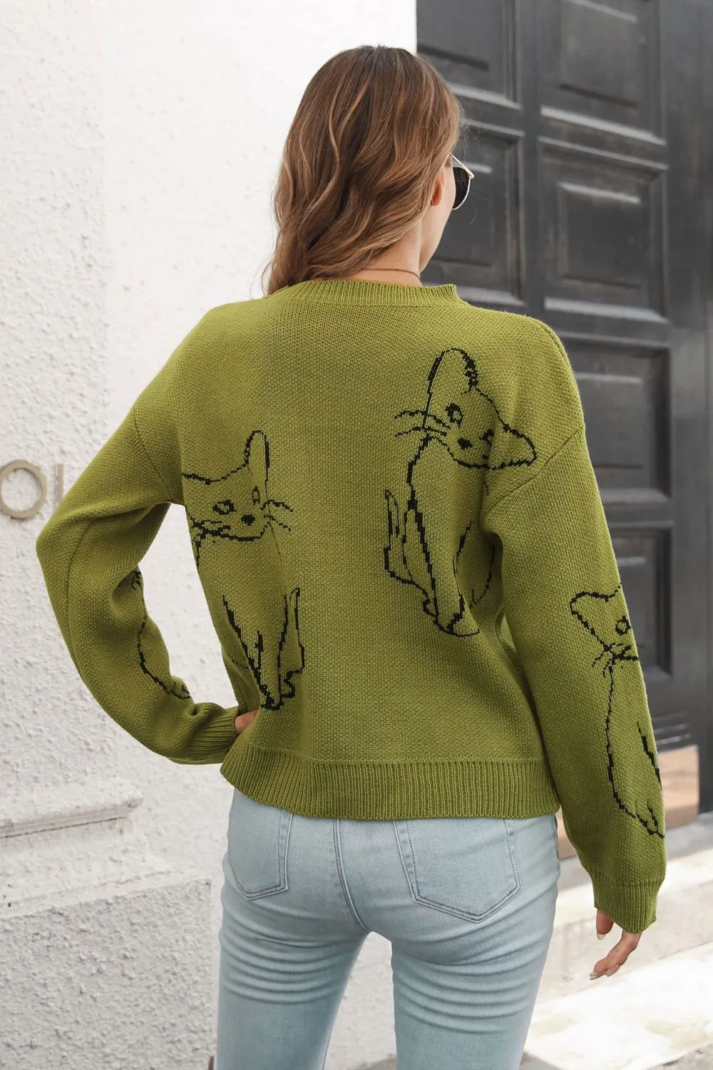 Cat Pattern Round Neck Long Sleeve Pullover Sweater, image 9