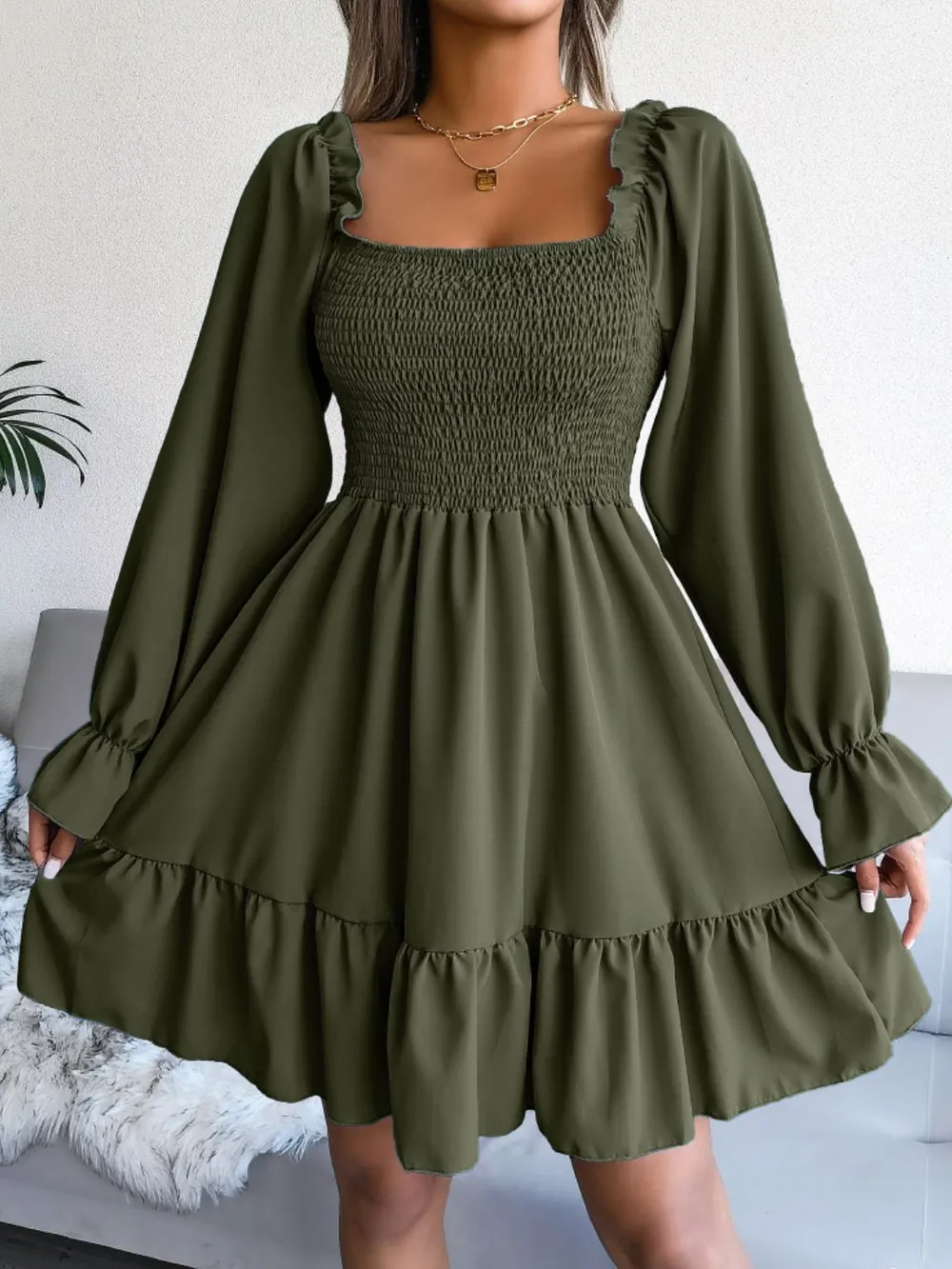Smocked Flounce Sleeve Square Neck Dress, image 4