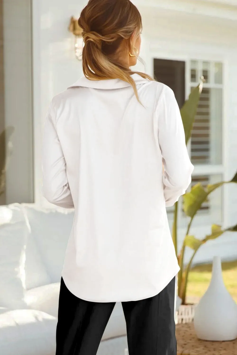 Lapel Collar Buttoned Puff Sleeve Shirt, image 12