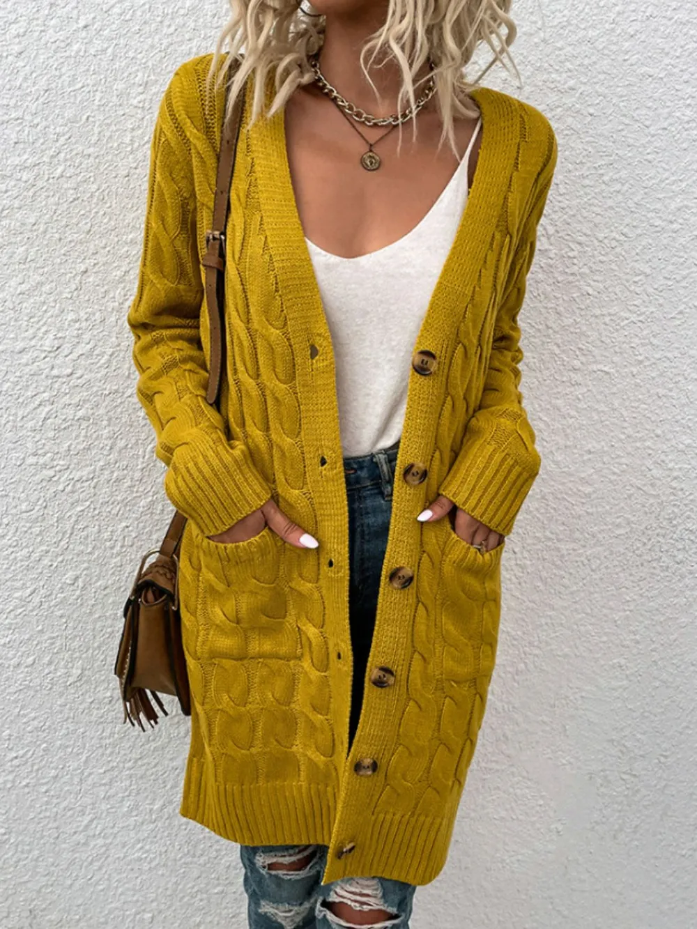 Cable-Knit Button Down Cardigan with Pockets, image 4