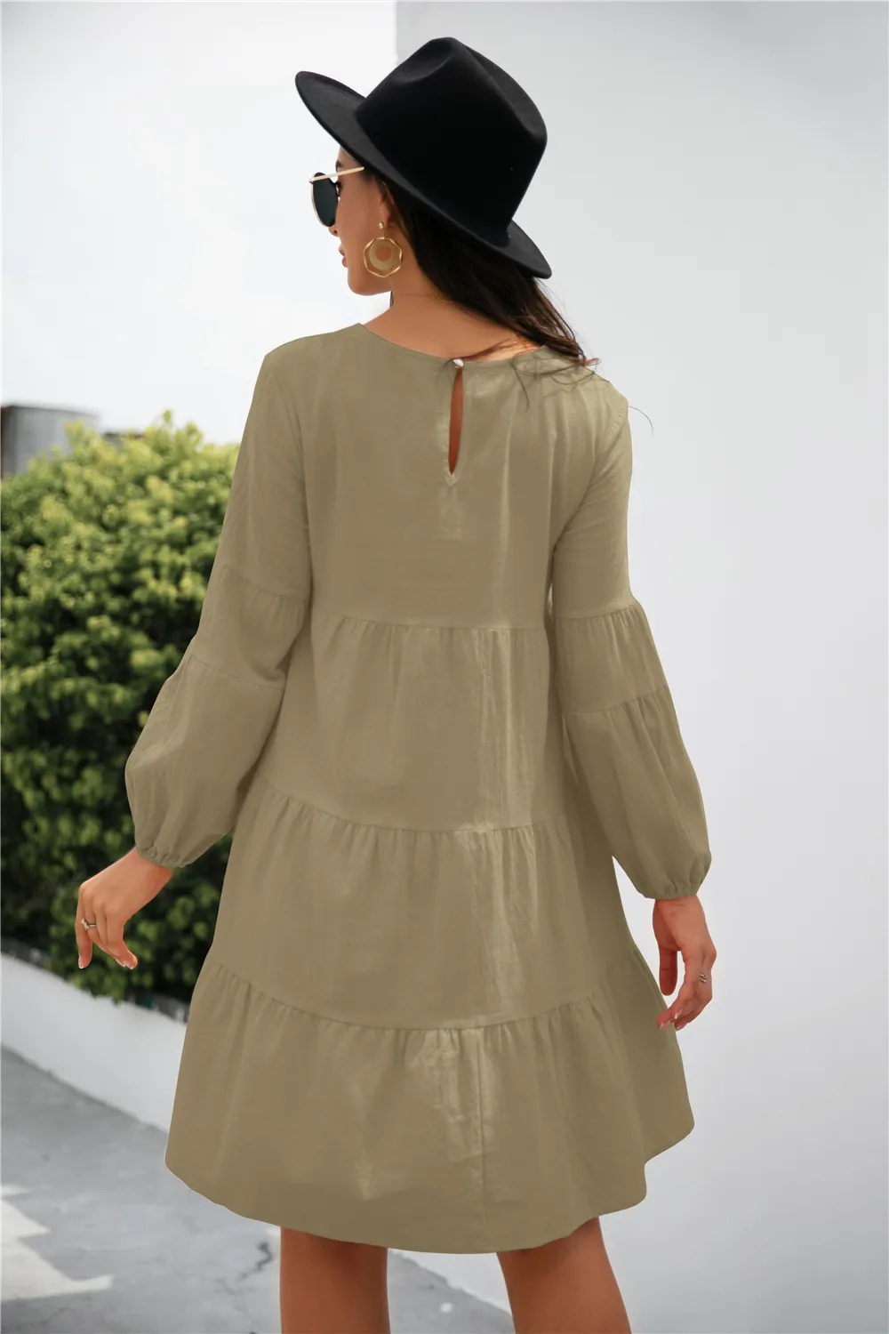 Balloon Sleeve Keyhole Tiered Dress, image 2