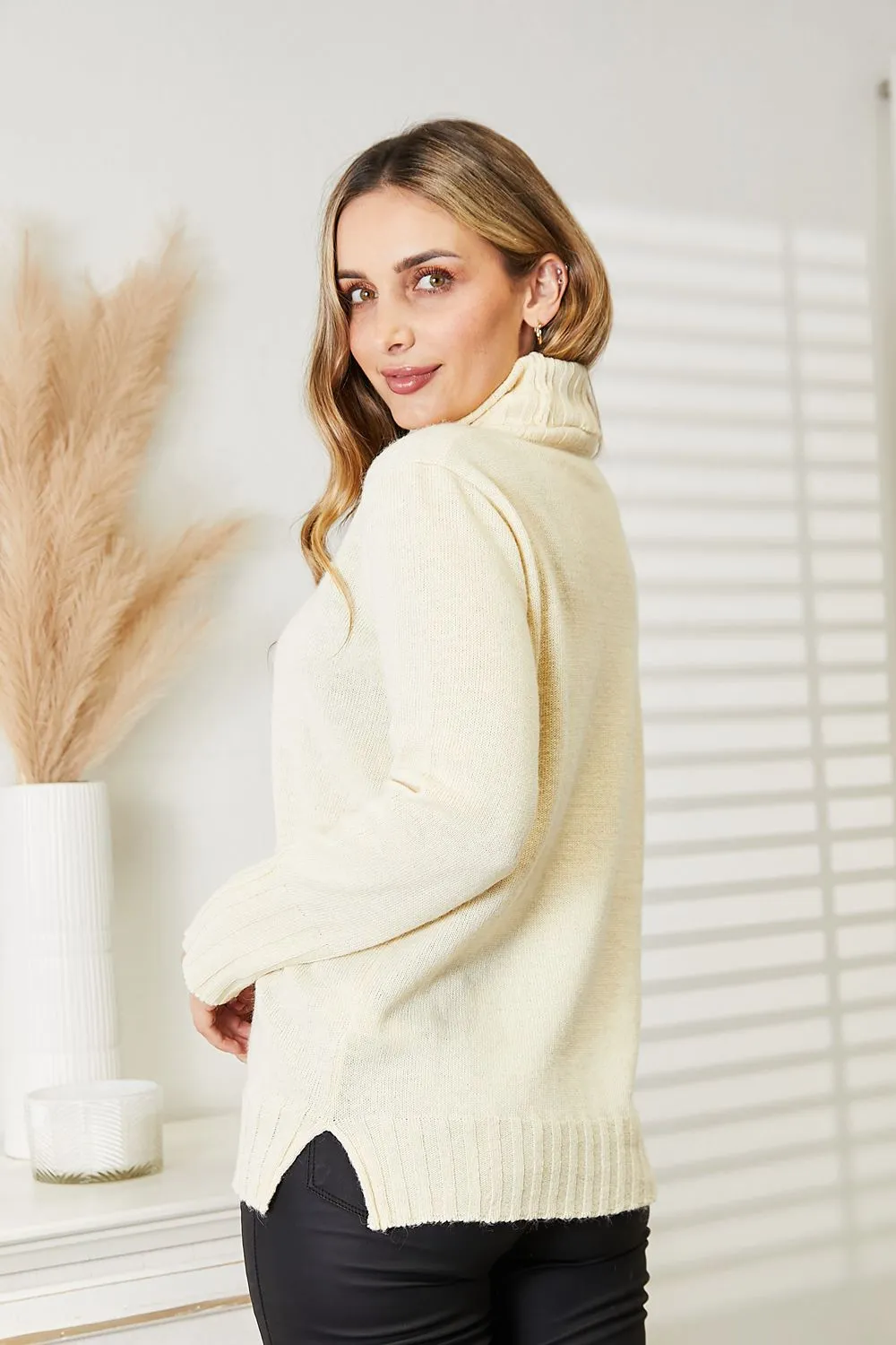 Full Size Long Sleeve Turtleneck Sweater with Side Slit, image 8