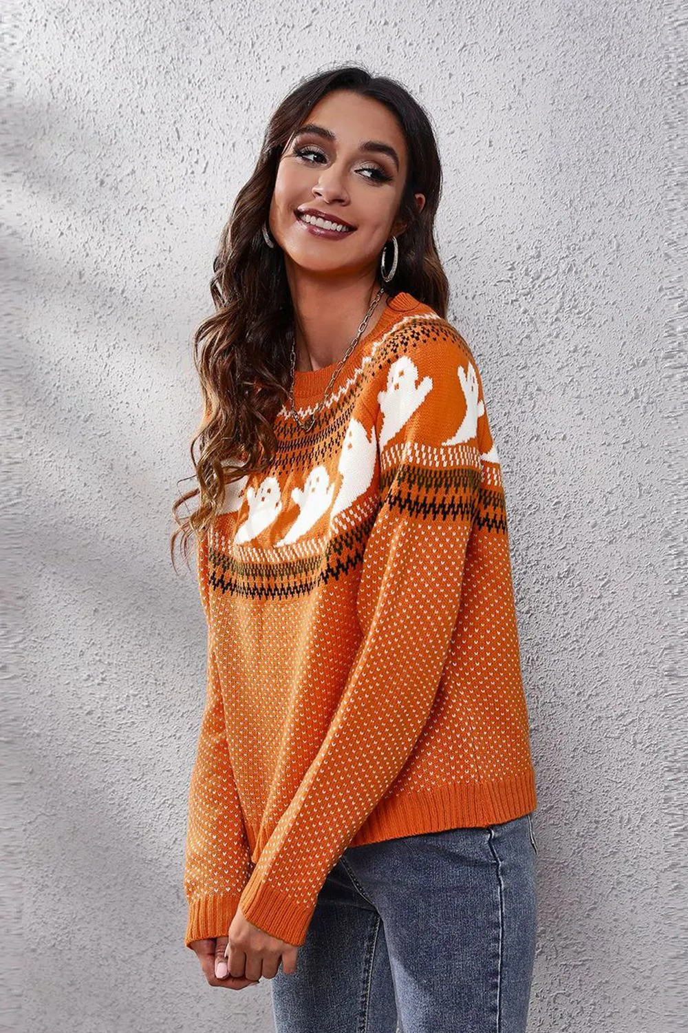 Ghost Pattern Round Neck Long Sleeve Sweater, image 14