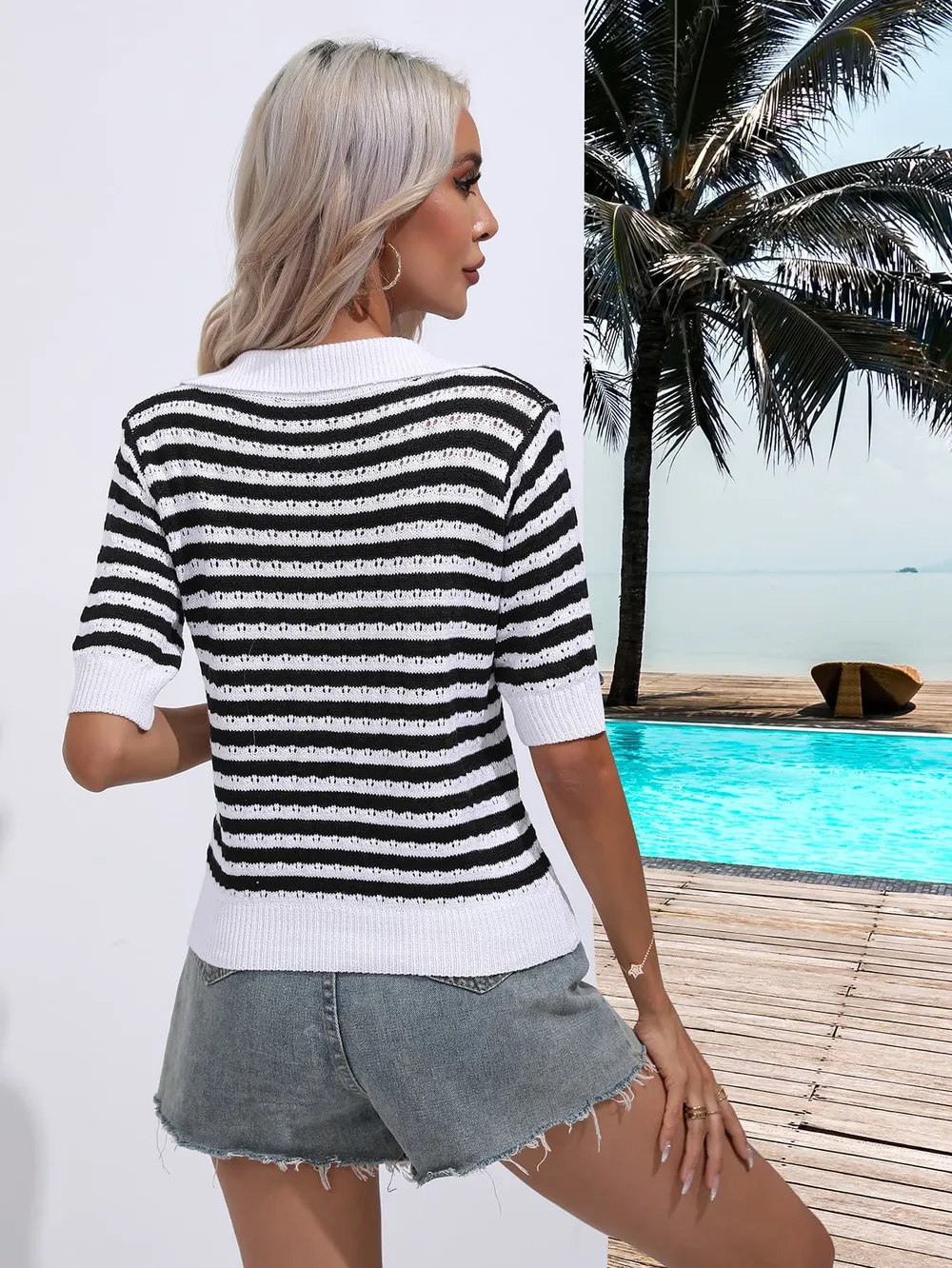 Striped Johnny Collar Half Sleeve Knit Top, image 8