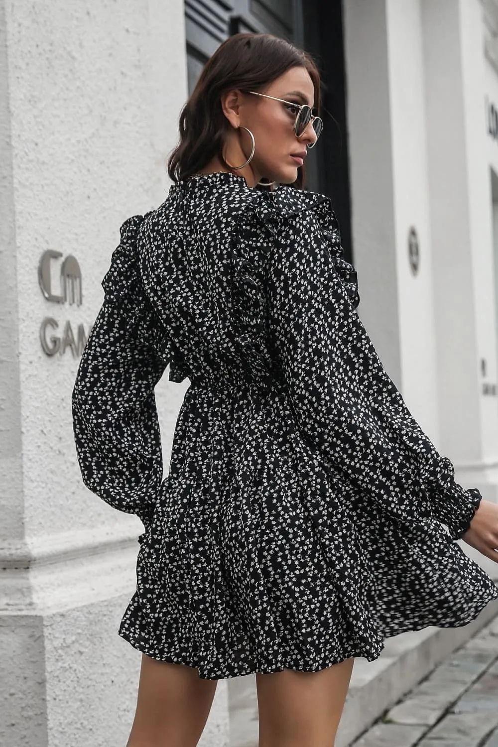 Printed Ruffle Trim Smocked Long Sleeve Mini Dress, image 6