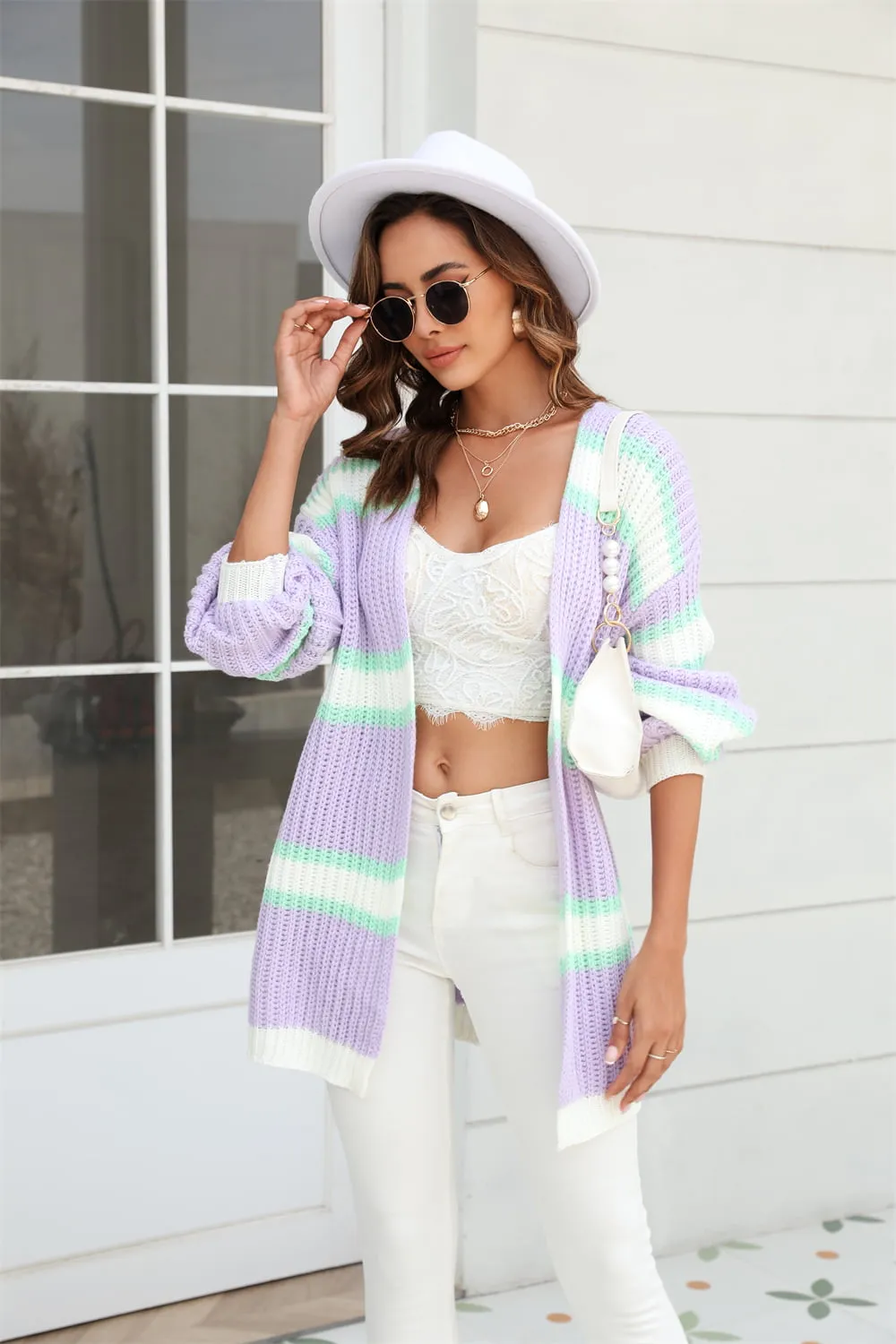 Color Block Ribbed Dropped Shoulder Open Front Cardigan, image 5