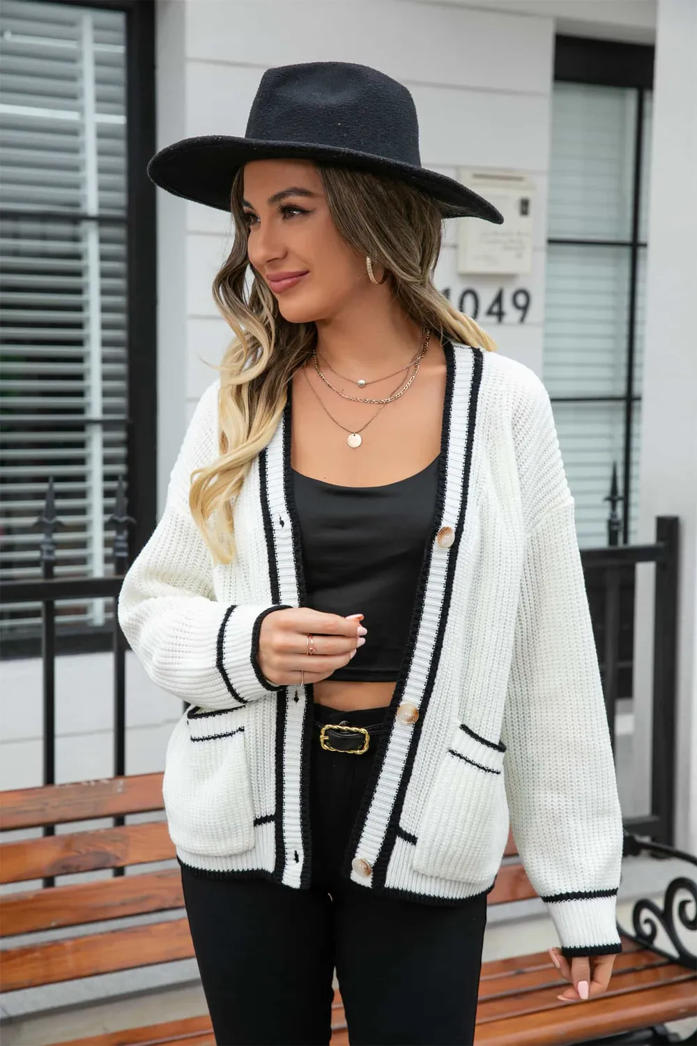 Waffle Knit V-Neck Cardigan with Pocket, image 8