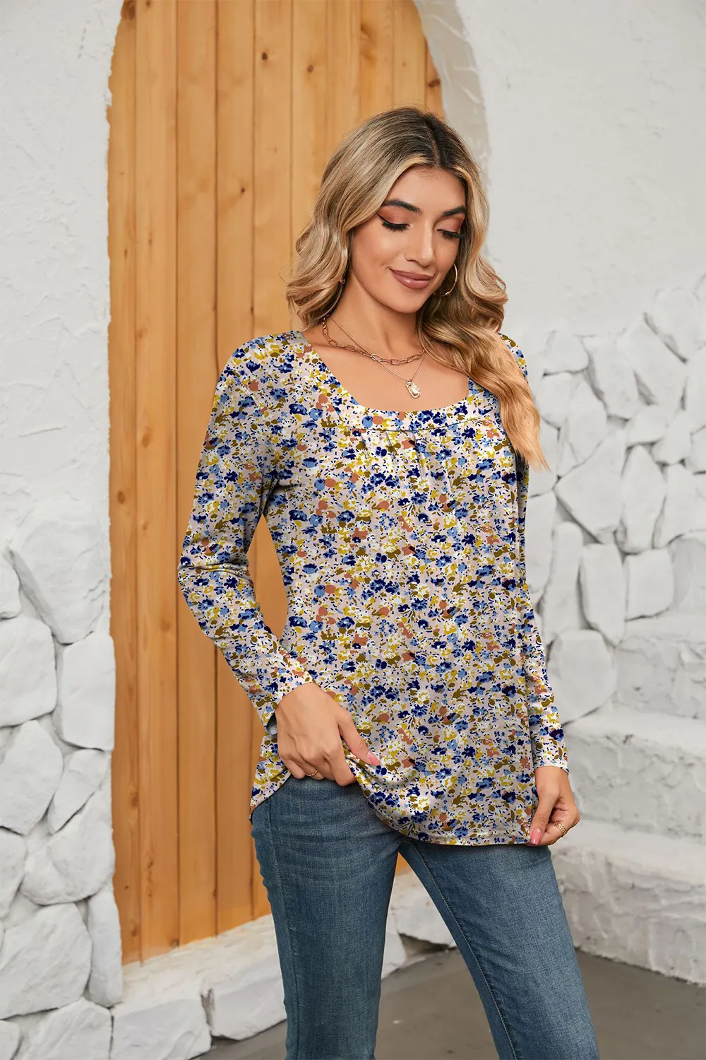 Printed Square Neck Long Sleeve Blouse, image 9