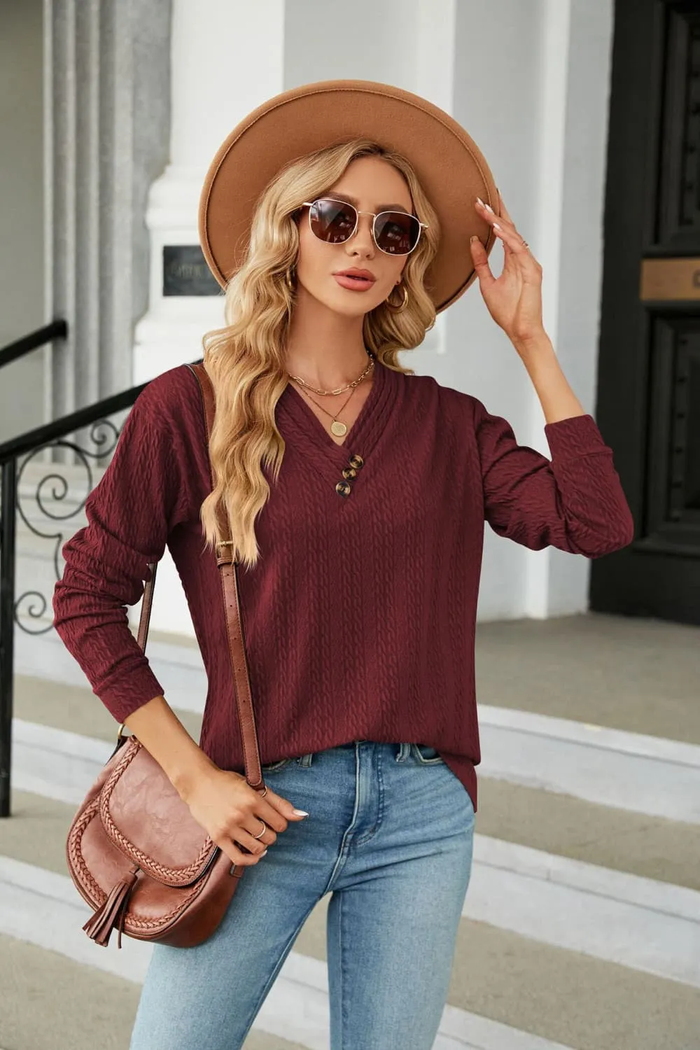Decorative Button V-Neck Long Sleeve T-Shirt, image 23