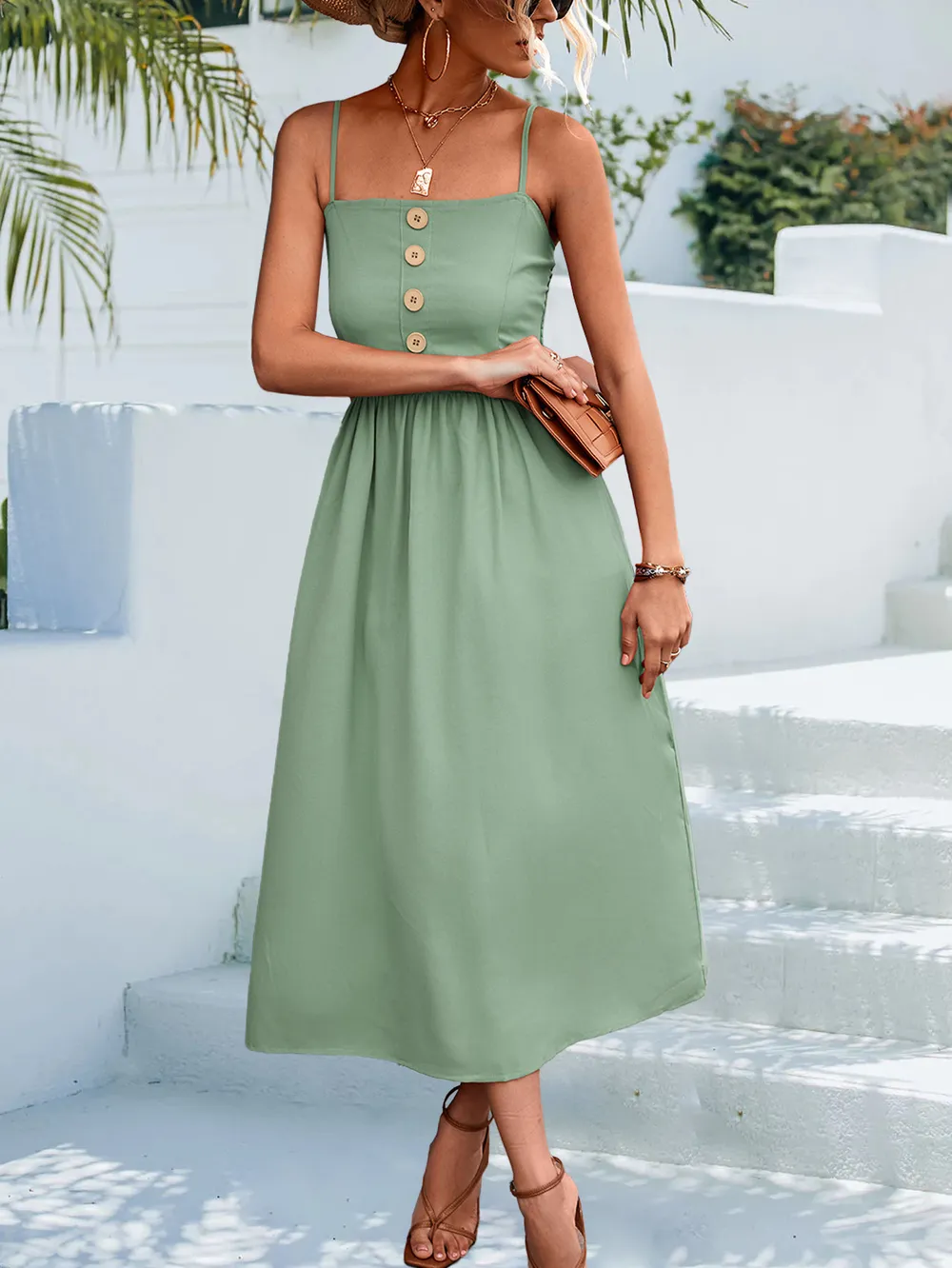 Decorative Button Spaghetti Strap Midi Dress, image 2