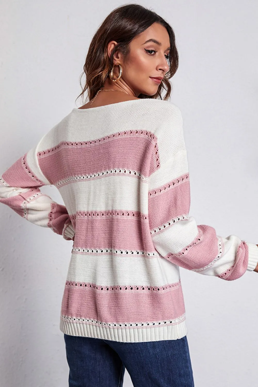 Striped Boat Neck Dropped Shoulder Sweater, image 3