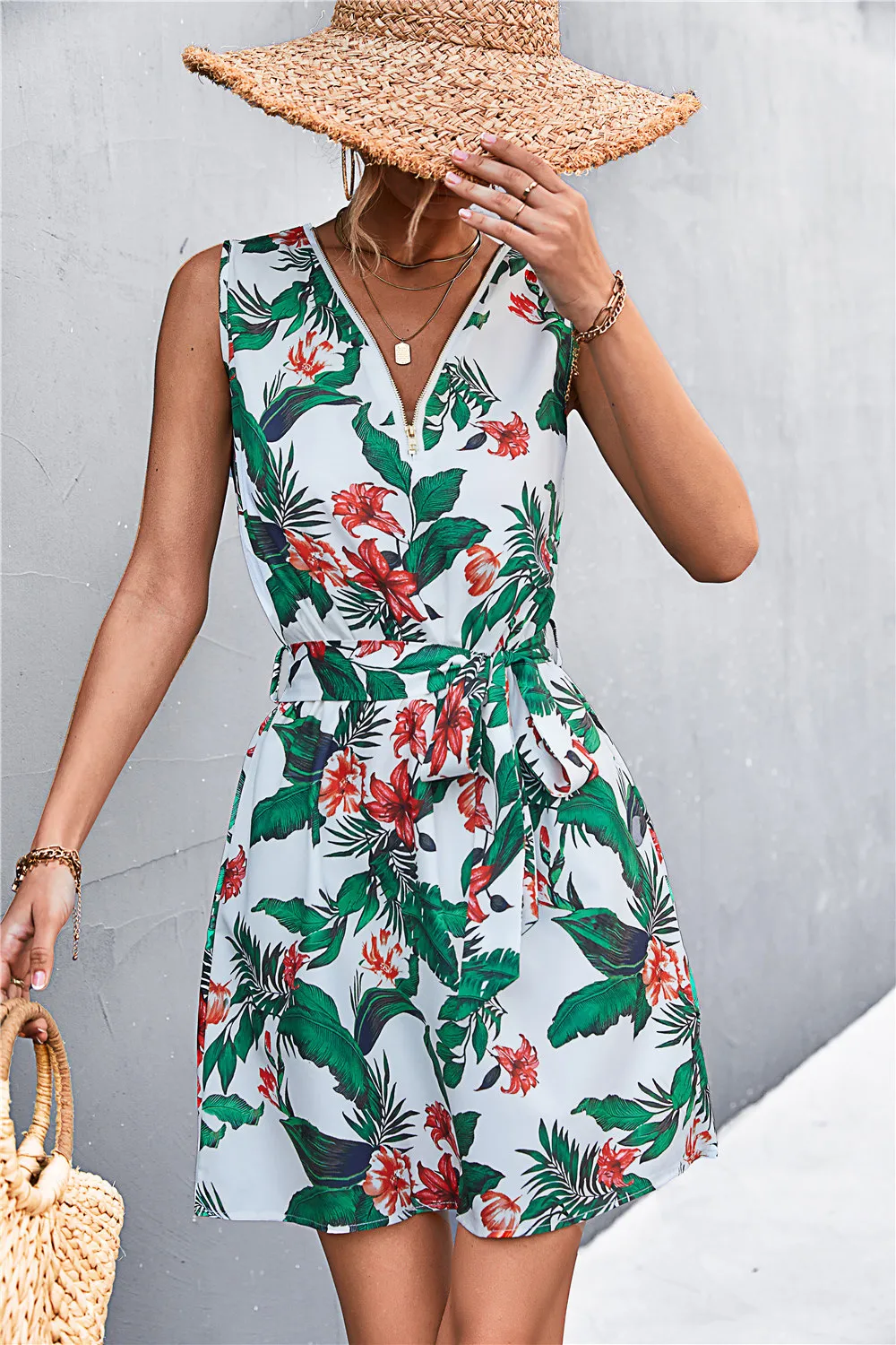 Printed Zip Detail Belted Sleeveless Dress, image 2