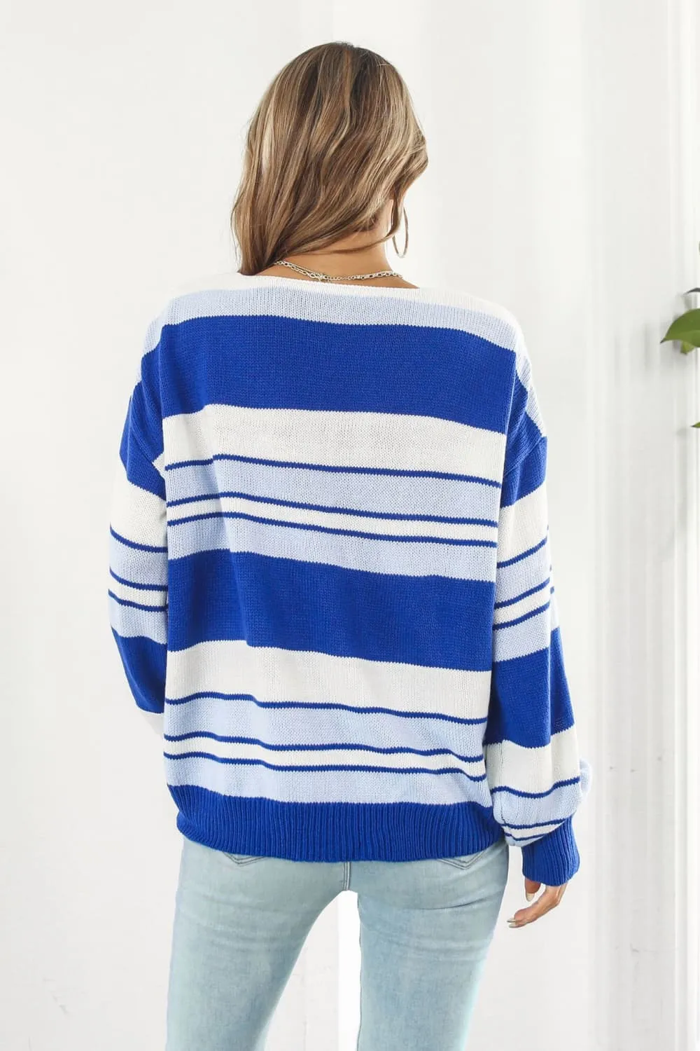 Striped V-Neck Dropped Shoulder Sweater, image 2