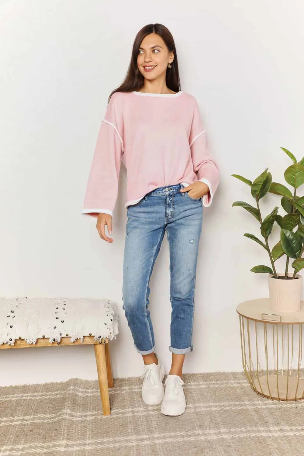 Contrast Detail Dropped Shoulder Knit Top, image 3