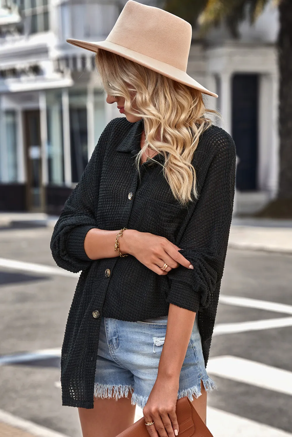 Waffle-Knit Collared Neck Dropped Shoulder Shirt, image 6