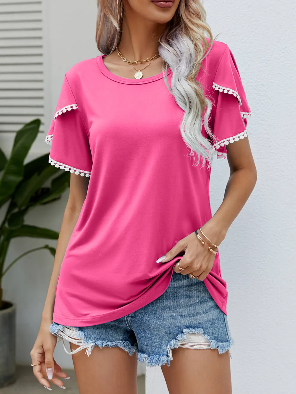 Pom-Pom Trim Flutter Sleeve Round Neck Tee, image 3