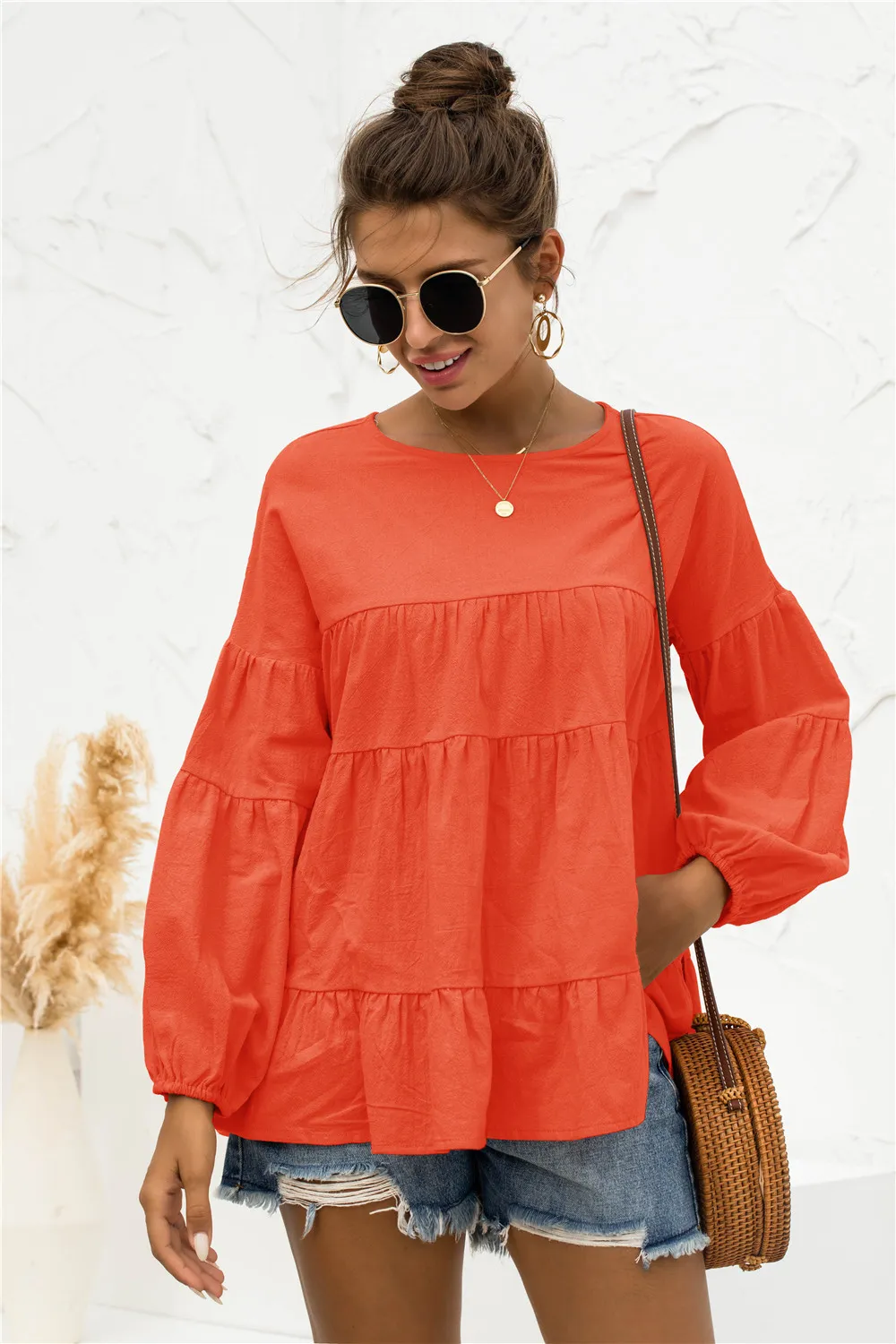 Round Neck Bubble Sleeve Tiered Blouse, image 2