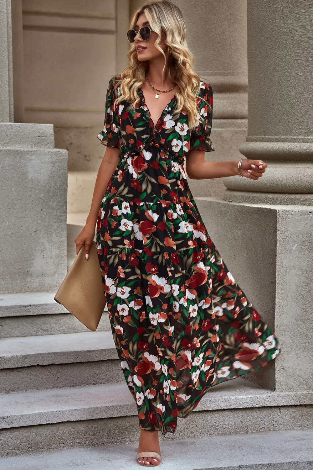 Floral V-Neck Short Flounce Sleeve Dress, image 2