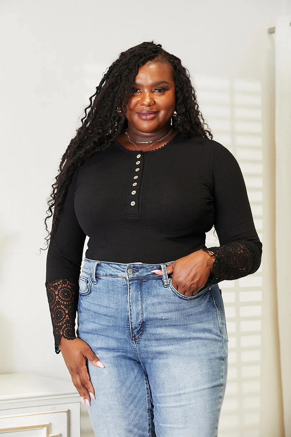 Crochet Lace Hem Sleeve Button Top, image 2