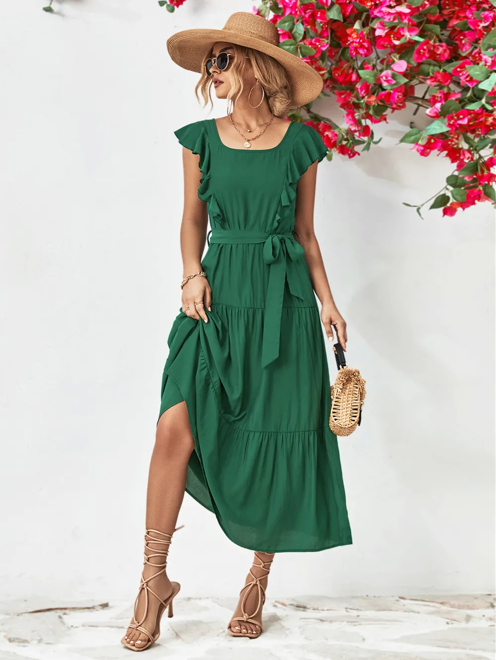 Tie Belt Ruffled Tiered Dress, image 2