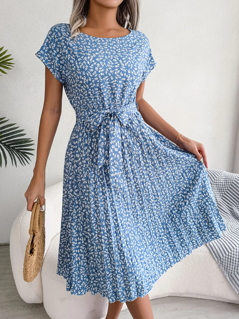 Ditsy Floral Pleated Belted Dress, image 2