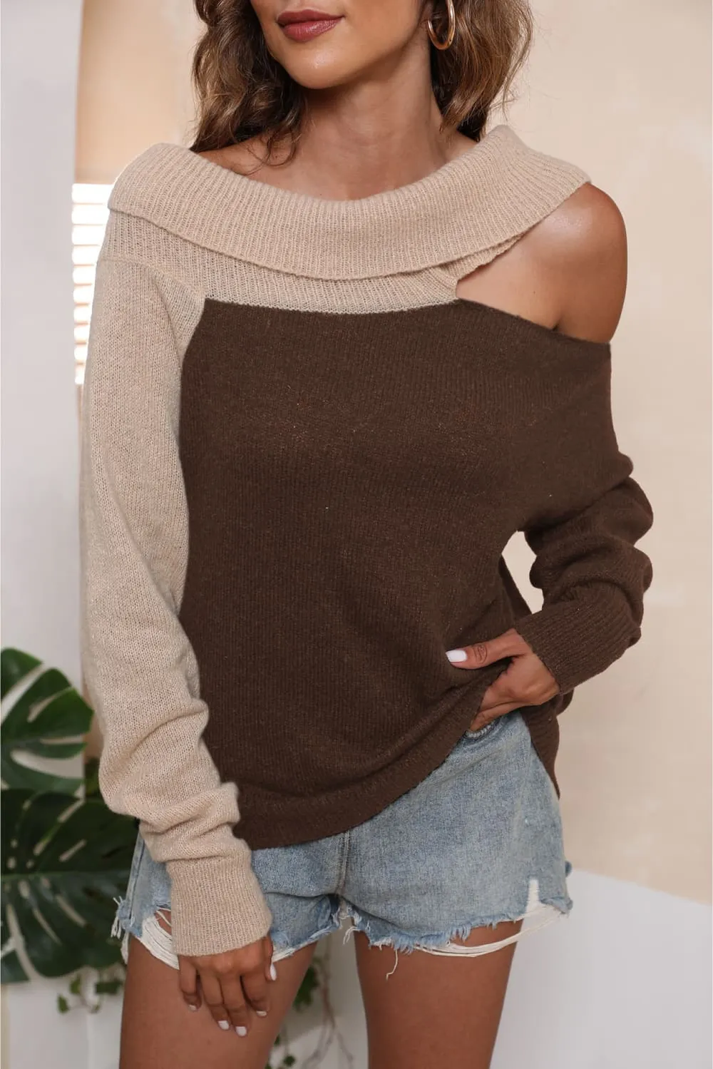 Asymmetrical Long Sleeve Two-Tone Cutout Sweater, image 4