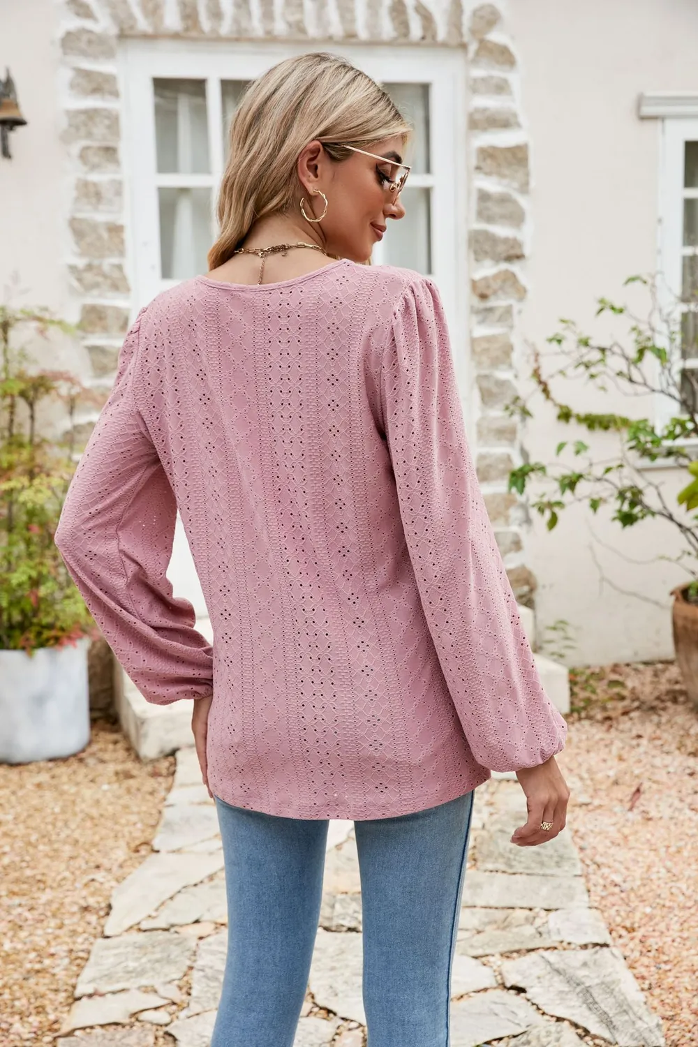 Eyelet Notched Neck Balloon Sleeve Blouse, image 7
