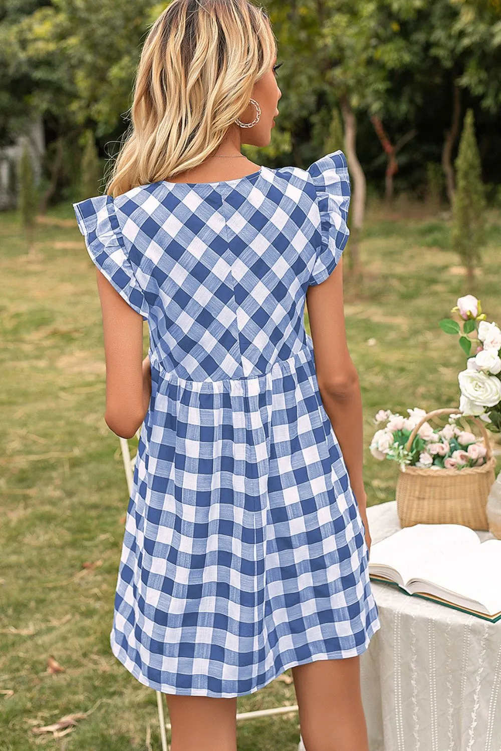 Plaid Butterfly Sleeve Deep V Dress, image 6