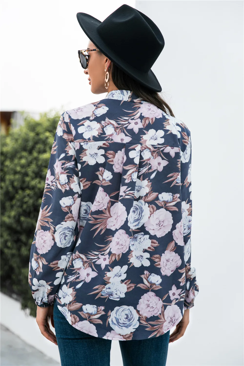 Floral Print Mock Neck Button Front Shirt, image 2