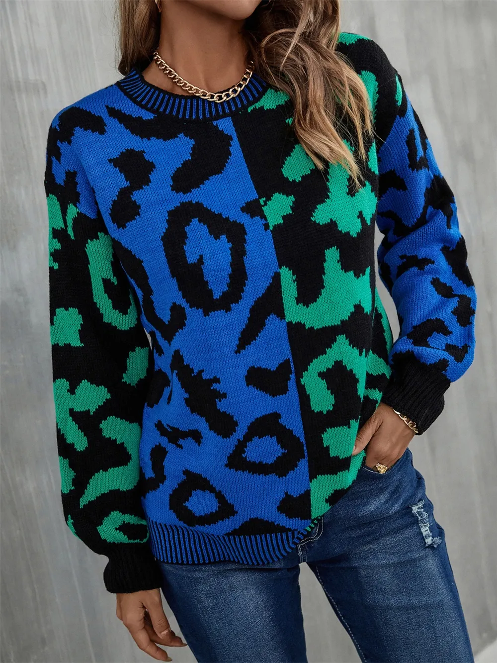 Leopard Round Neck Long Sleeve Sweater, image 4