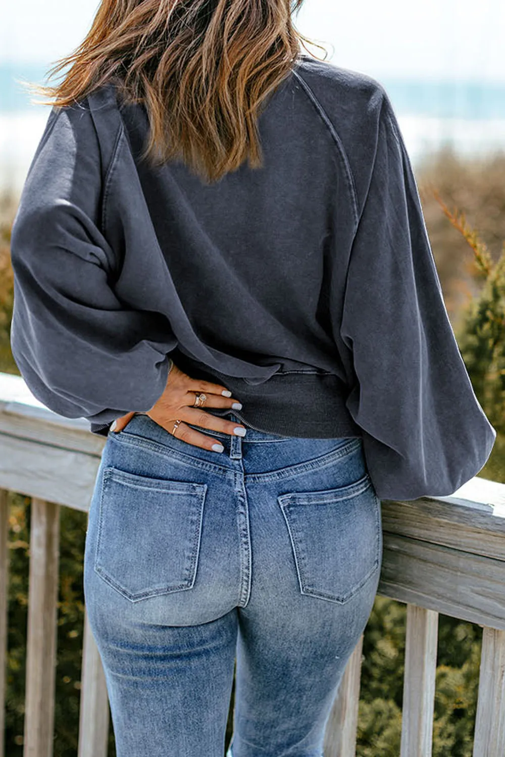 Quarter-Snap Collared Lantern Sleeve Sweatshirt, image 3