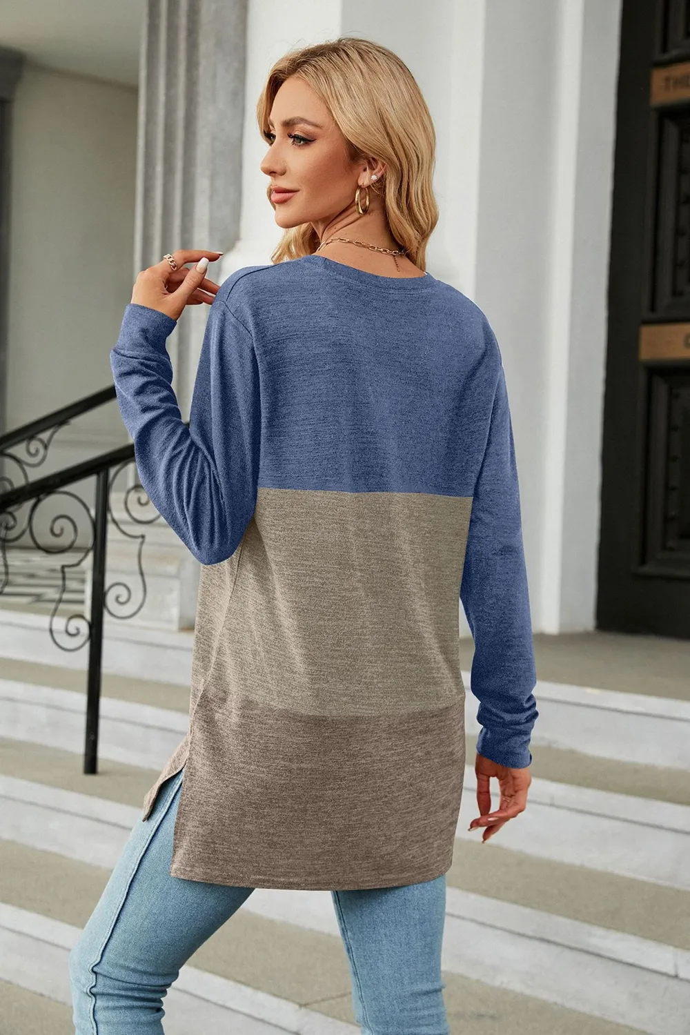 Color Block Round Neck Long Sleeve Slit T-Shirt, image 7
