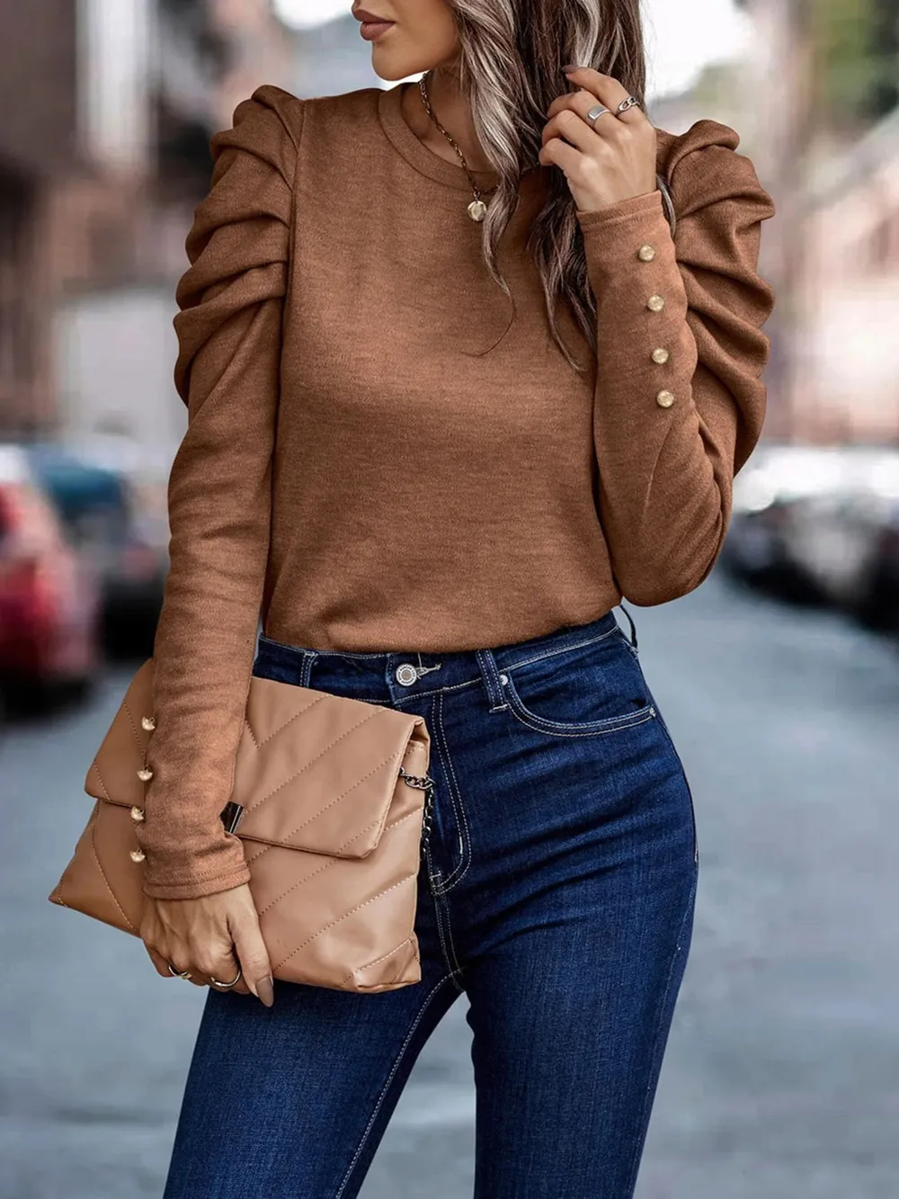 Decorative Button Puff Sleeve T-Shirt, image 9