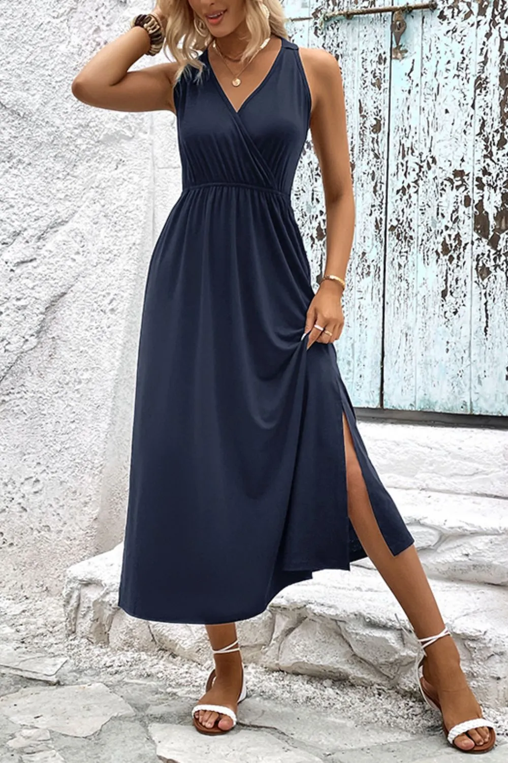 Surplice Neck Slit Sleeveless Dress, image 2