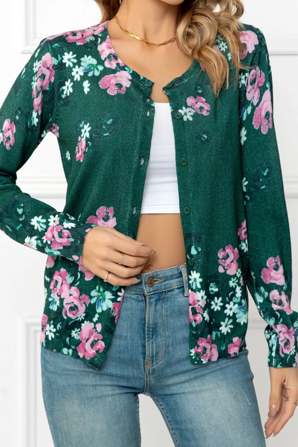 Floral Button Front Round Neck Cardigan, image 2