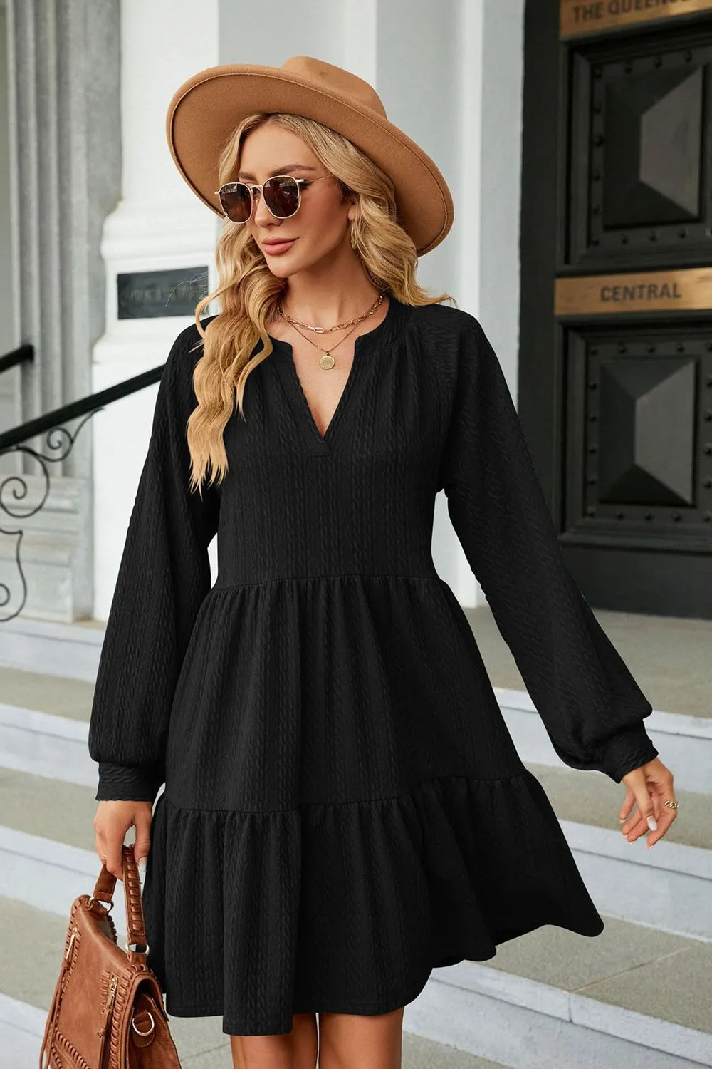 Notched Neck Long Sleeve Mini Dress, image 13