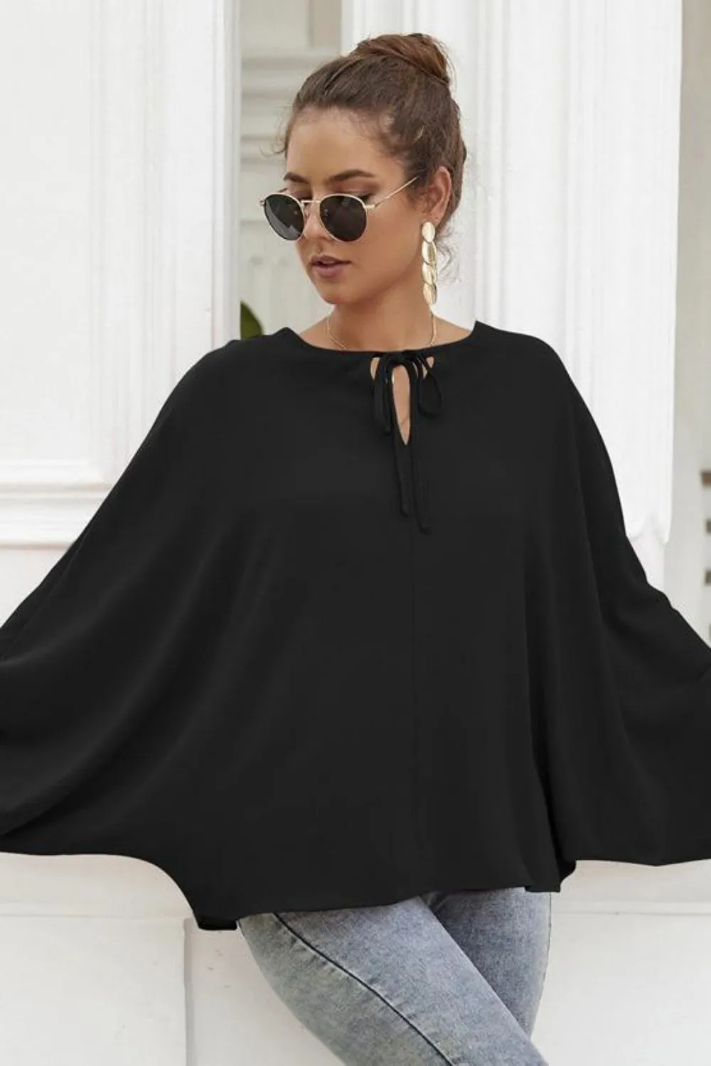 Tie Neck Balloon Sleeve Blouse, image 2