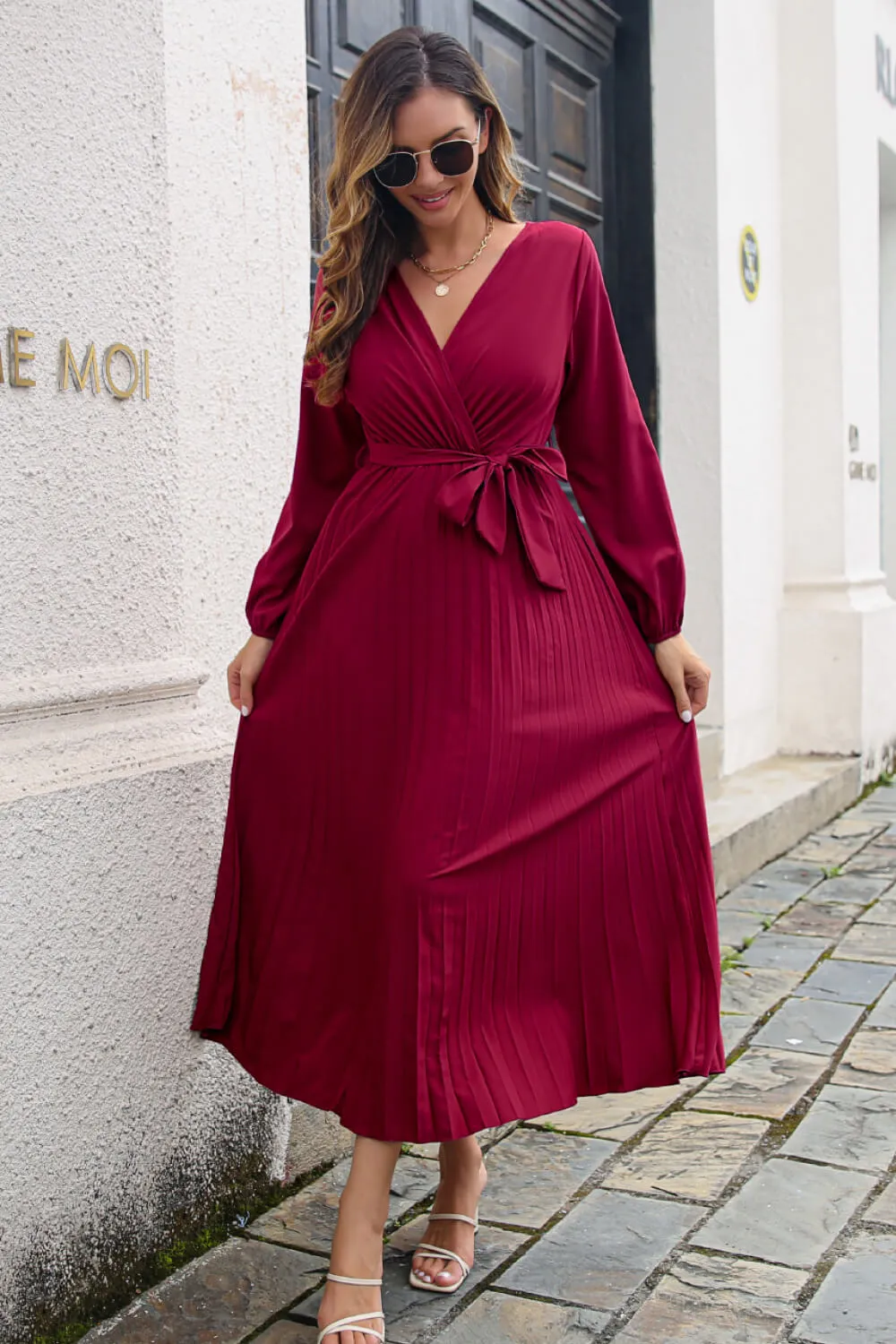 Pleated Long Sleeve Surplice Maxi Dress, image 10